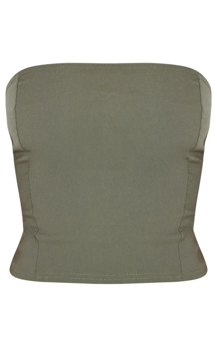 Online PrettyLittleThing Stretch Woven Longline Bandeau Dark Khaki