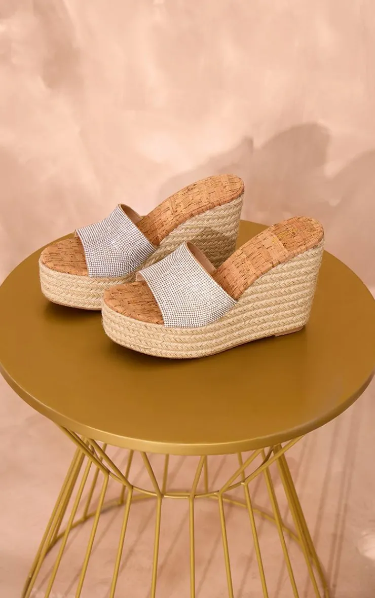 PrettyLittleThing Heeled Sandals*Diamante Round Toe Heeled Cork Wedges
