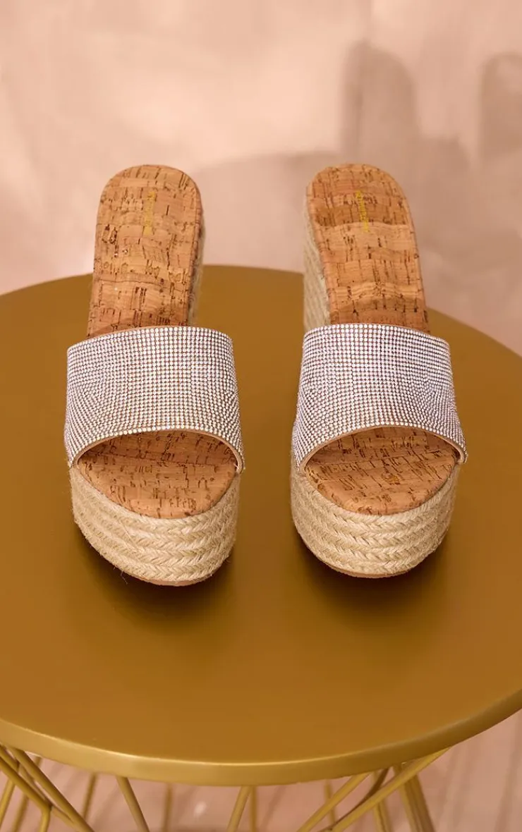 PrettyLittleThing Heeled Sandals*Diamante Round Toe Heeled Cork Wedges