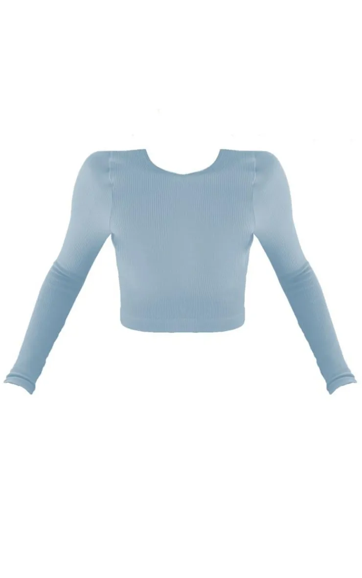 New PrettyLittleThing Snatched Rib Round Neck Long Sleeve Crop Top Dusky Blue
