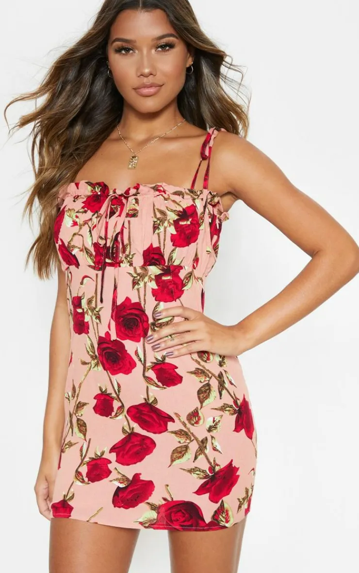 Rose Printed Ruched Bodice Bodycon Dress-PrettyLittleThing Outlet