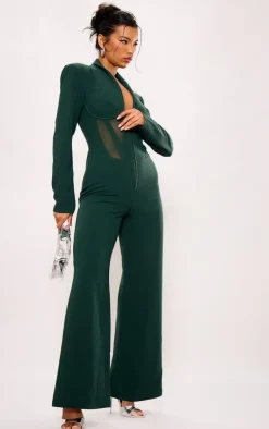 PrettyLittleThing Christmas Party Outfits*Mesh Panel Tailored Wide Leg Jumpsuit