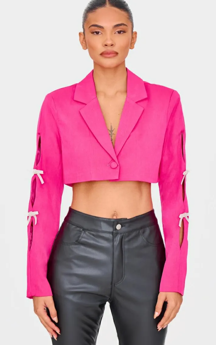 Fuchsia Rhinestone Bow Detail Cropped Blazer