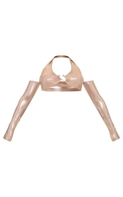 Gold Metallic Trim Bardot Long Sleeve Crop Top