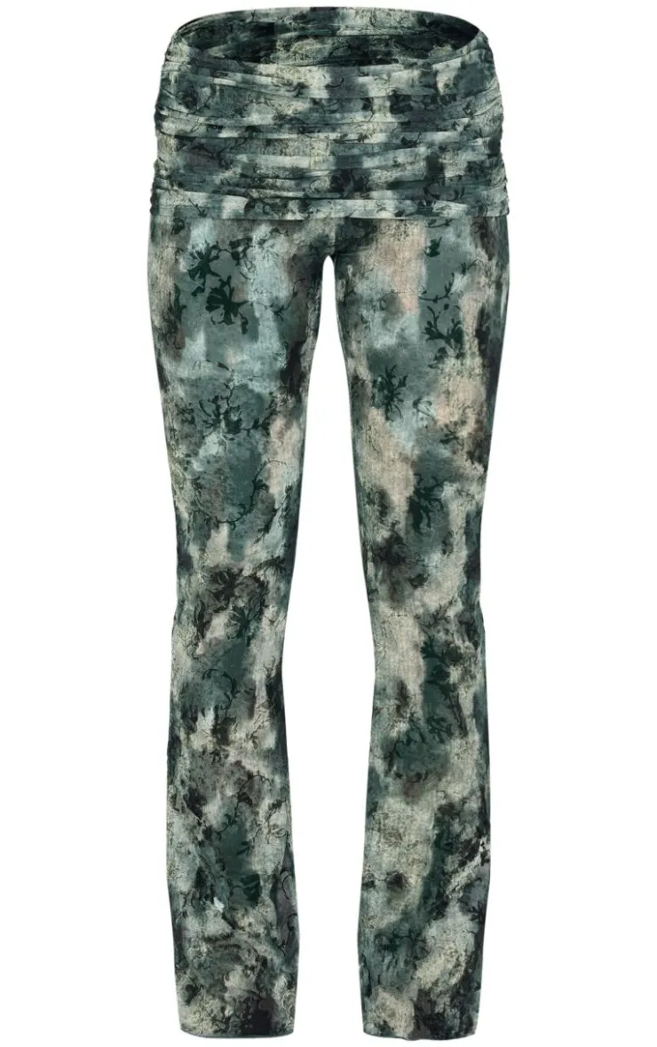 Sale PrettyLittleThing Devore Mesh Foldover Slim Flare Pants Green
