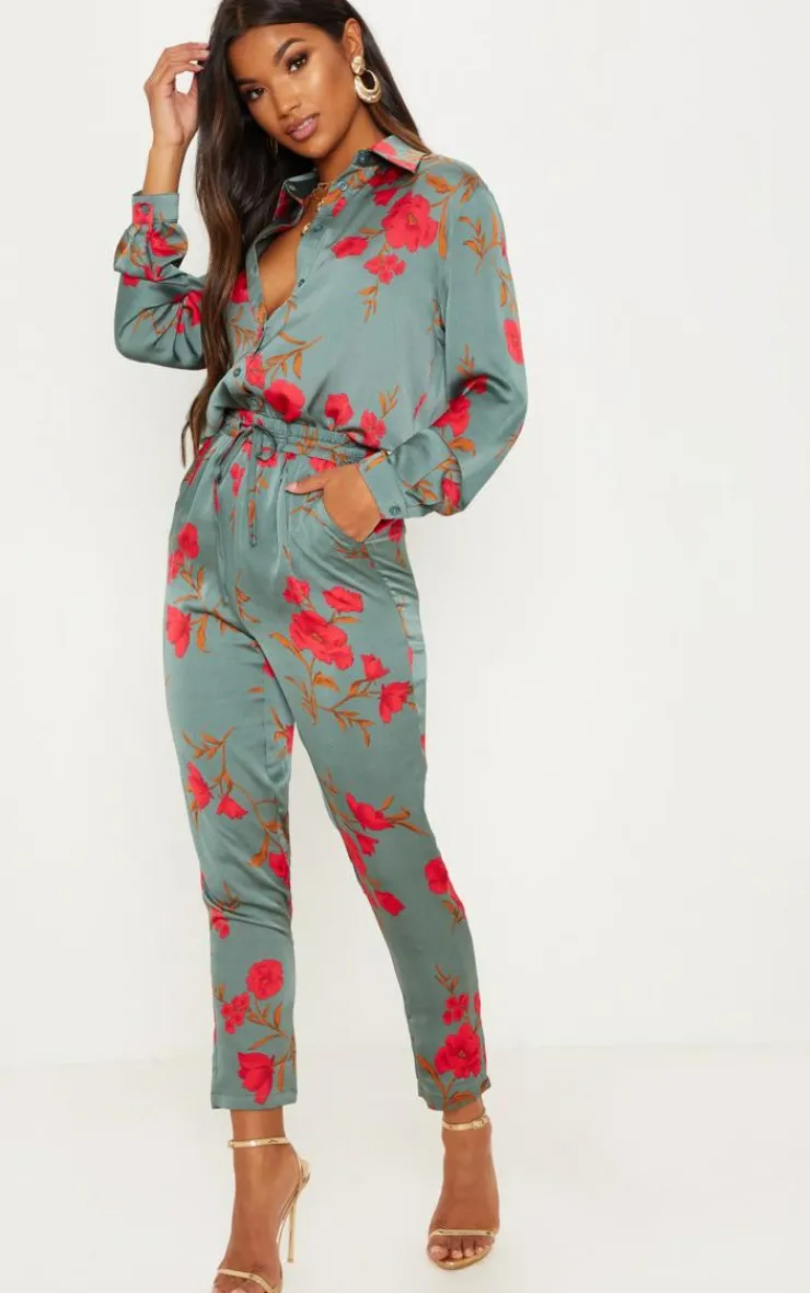 Outlet PrettyLittleThing Floral Print Cigarette Pants Green