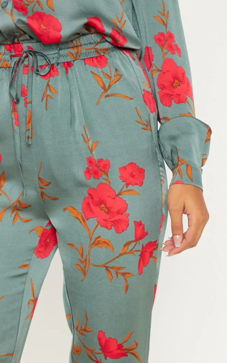 Outlet PrettyLittleThing Floral Print Cigarette Pants Green