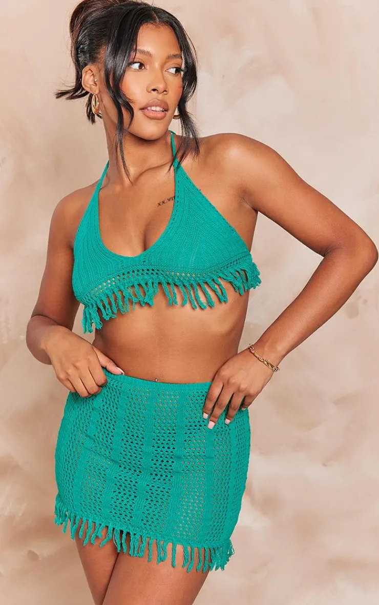 Outlet PrettyLittleThing Frill Edge Detail Crochet Bralet Green