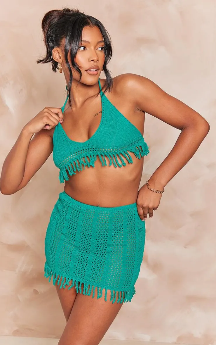 Online PrettyLittleThing Frill Edge Detail Crochet Mini Skirt Green