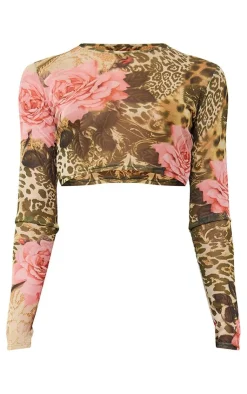 New PrettyLittleThing Leopard Print Mesh Long Sleeve Crop Top Green