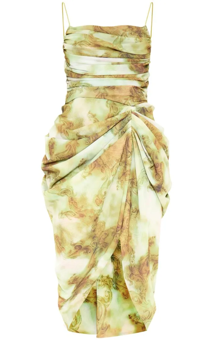 Print Chiffon Ruched Drape Midi Dress-PrettyLittleThing New