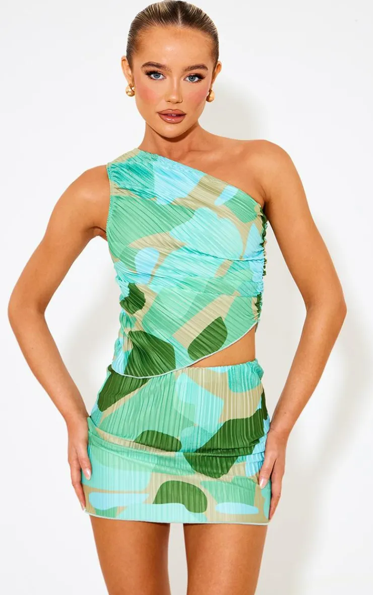 Online PrettyLittleThing Print Plisse Low Rise Micro Mini Skirt Green