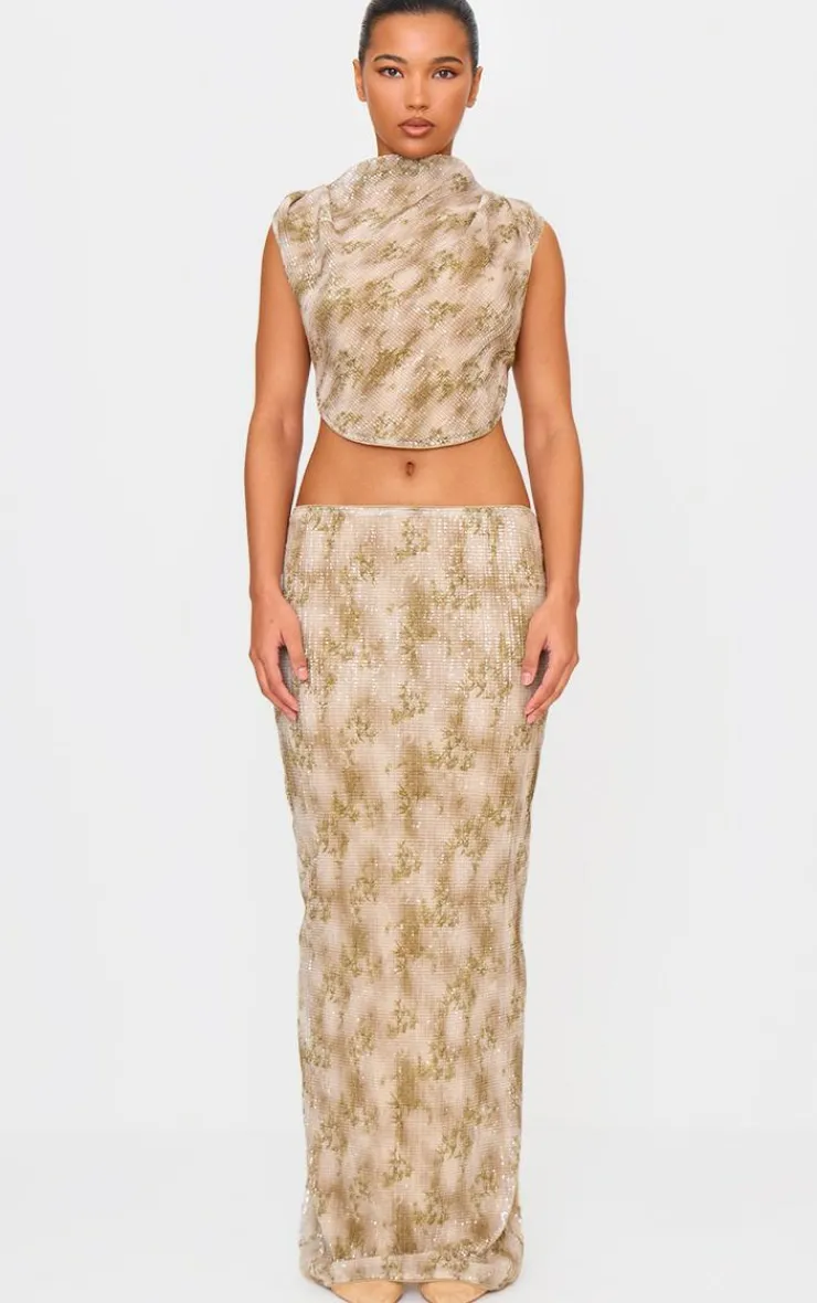 Outlet PrettyLittleThing Sequin Tie Back High Neck Cowl Crop Top Green