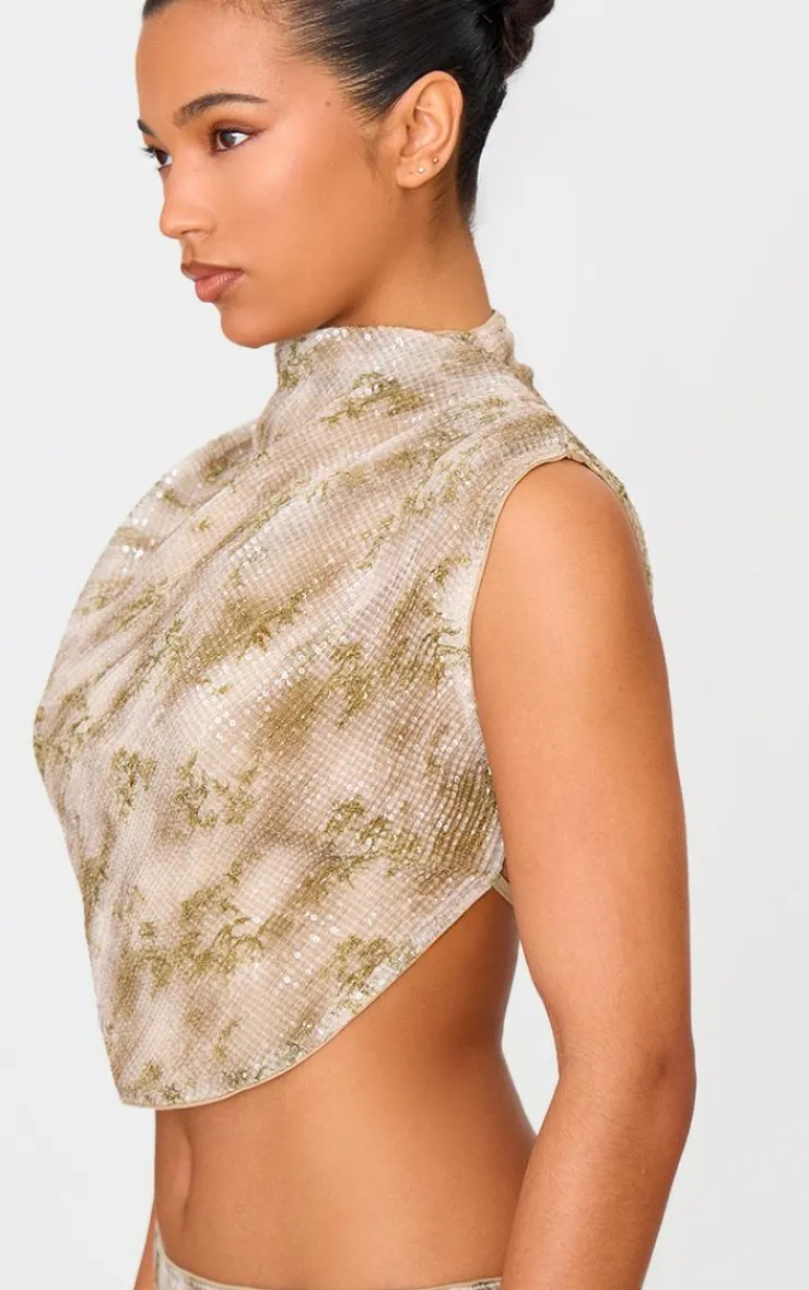 Outlet PrettyLittleThing Sequin Tie Back High Neck Cowl Crop Top Green