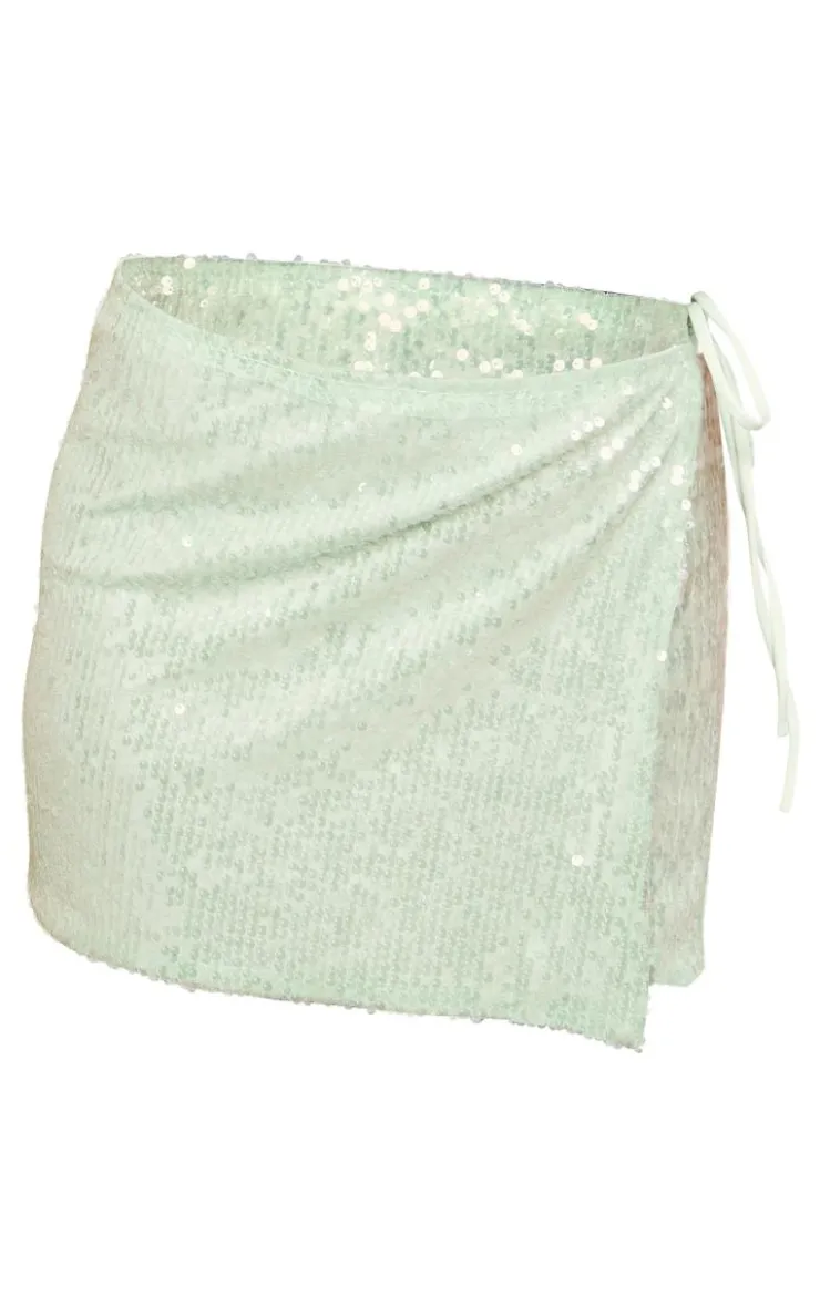 Outlet PrettyLittleThing Sequin Tie Extreme Split Mini Skirt Green