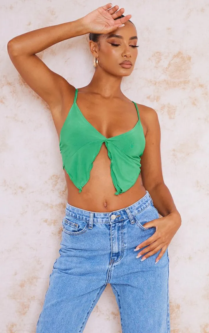 Green Slinky Split Frill Crop Top