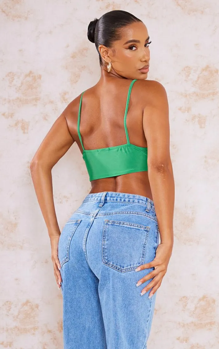 Green Slinky Split Frill Crop Top