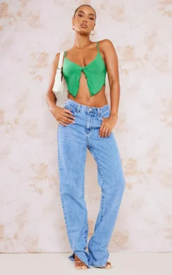 Green Slinky Split Frill Crop Top
