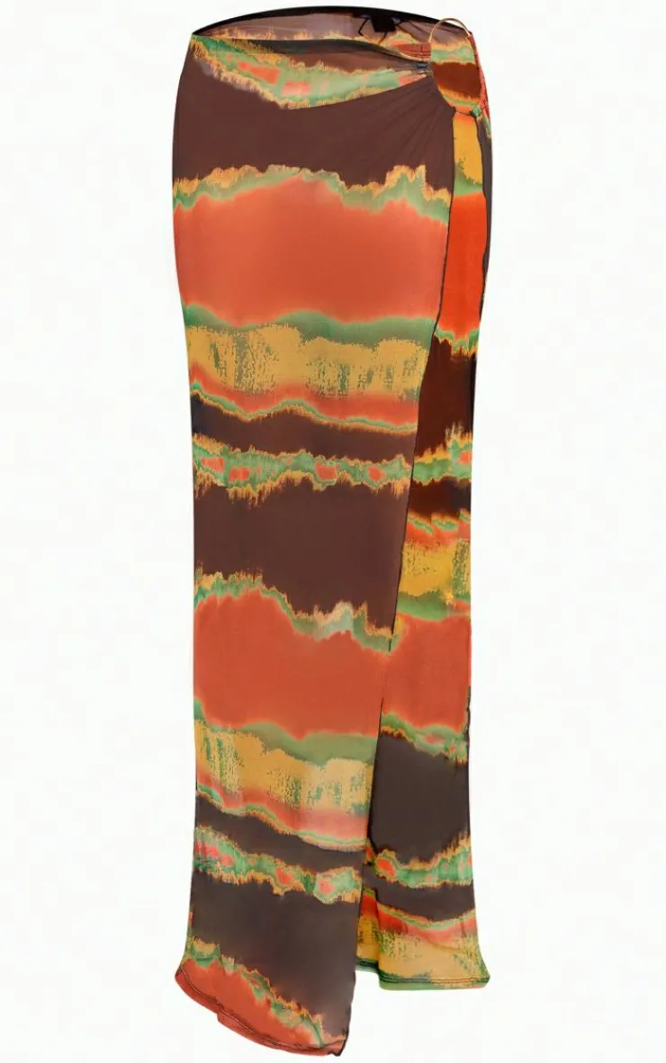 Discount PrettyLittleThing Tie Dye Printed Mesh Ring Detail Maxi Skirt Green