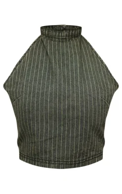 Green Tint Vintage Pinstripe Halterneck Denim Top