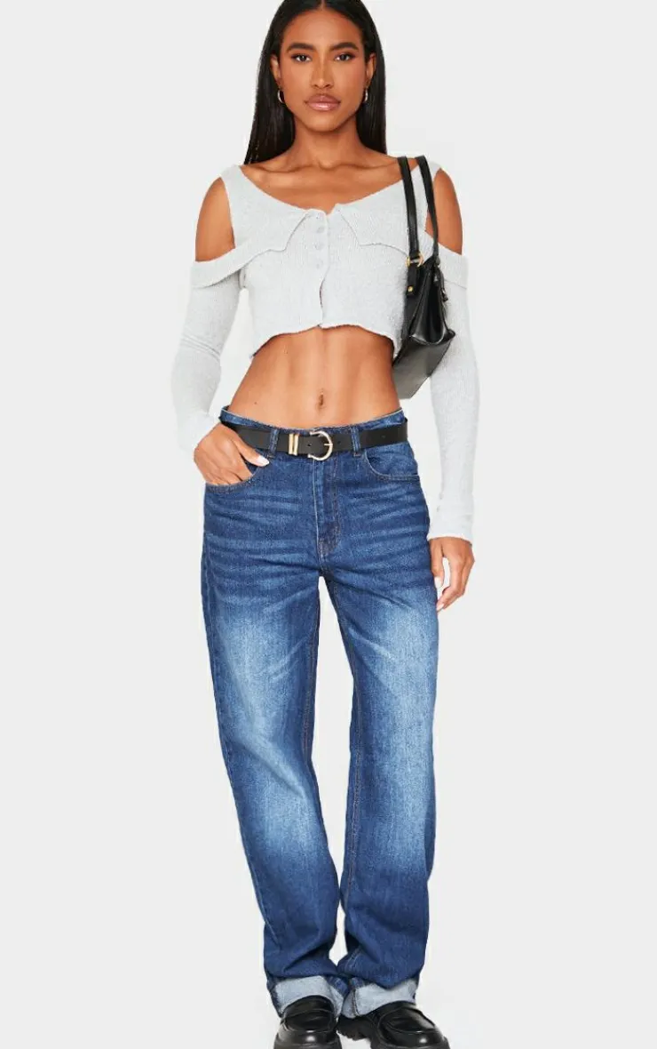 PrettyLittleThing Knitted Tops*Boucle Knit Cold Shoulder Button Up Top
