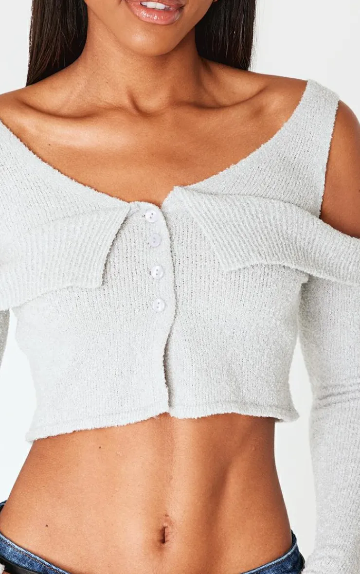 PrettyLittleThing Knitted Tops*Boucle Knit Cold Shoulder Button Up Top