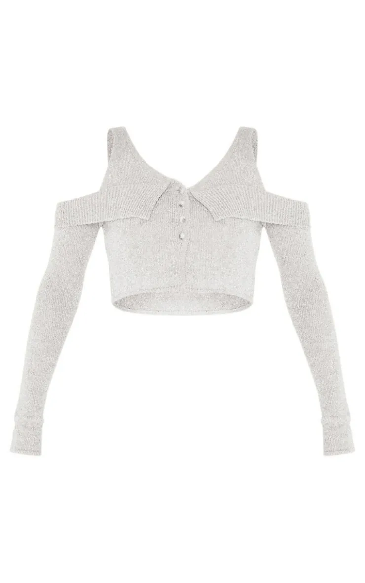 PrettyLittleThing Knitted Tops*Boucle Knit Cold Shoulder Button Up Top