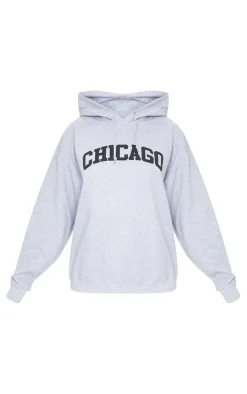 Grey Chicago Print Oversized Hoodie