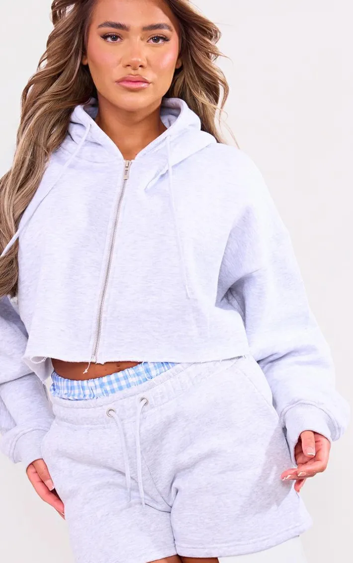 Grey Cropped Oversized Zip Up Hoodie