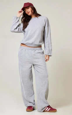 Online PrettyLittleThing Contrast Piping Detail Wide Leg Sweatpants Grey Marl