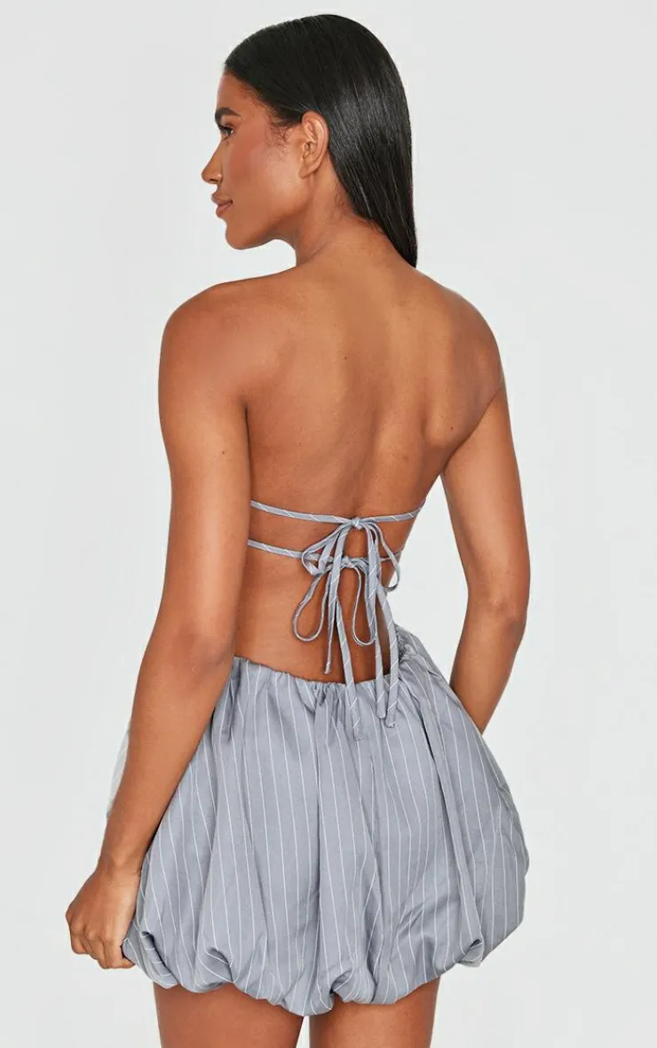 Pinstripe Bandeau Tie Back Puffball Mini Dress-PrettyLittleThing Outlet