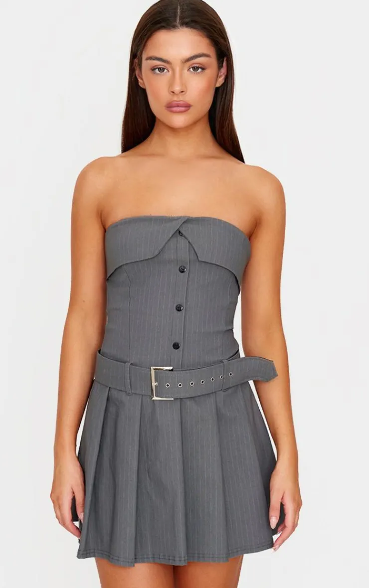 Pinstripe Tailored Bandeau Belt Pleated Shift Dress-PrettyLittleThing Online