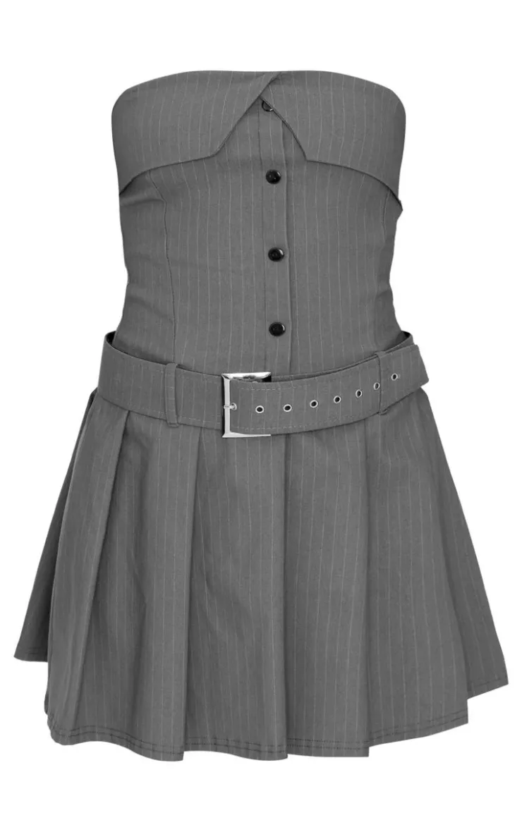 Pinstripe Tailored Bandeau Belt Pleated Shift Dress-PrettyLittleThing Online