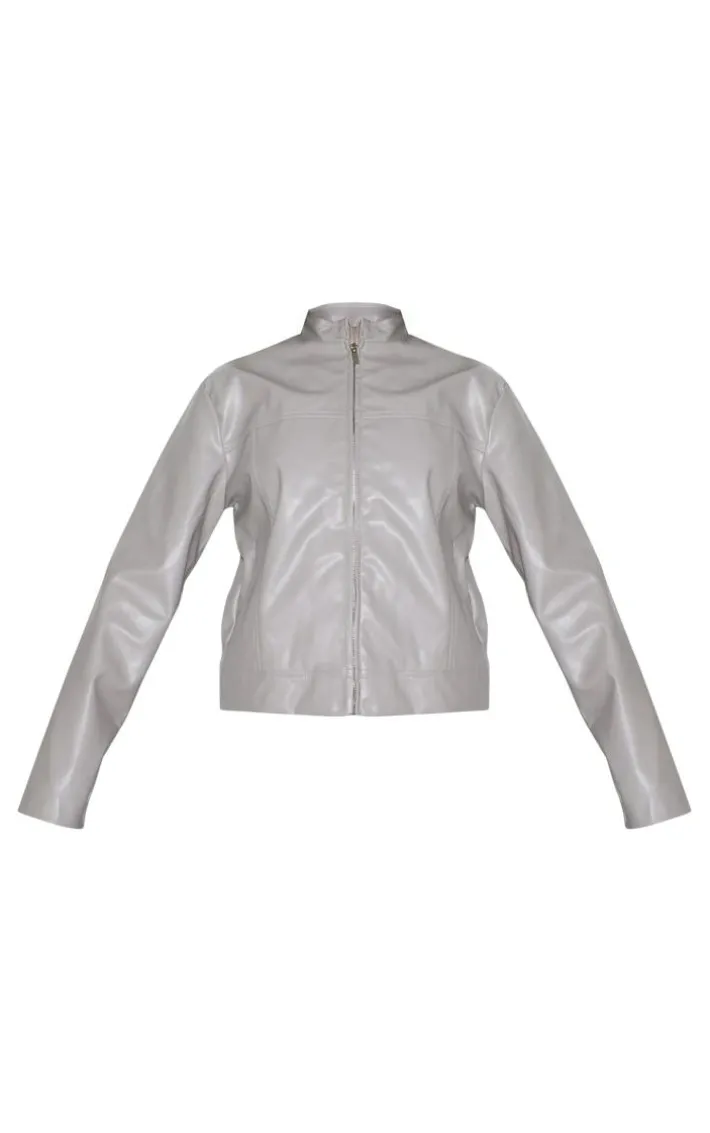 Grey PU Racer Neck Jacket