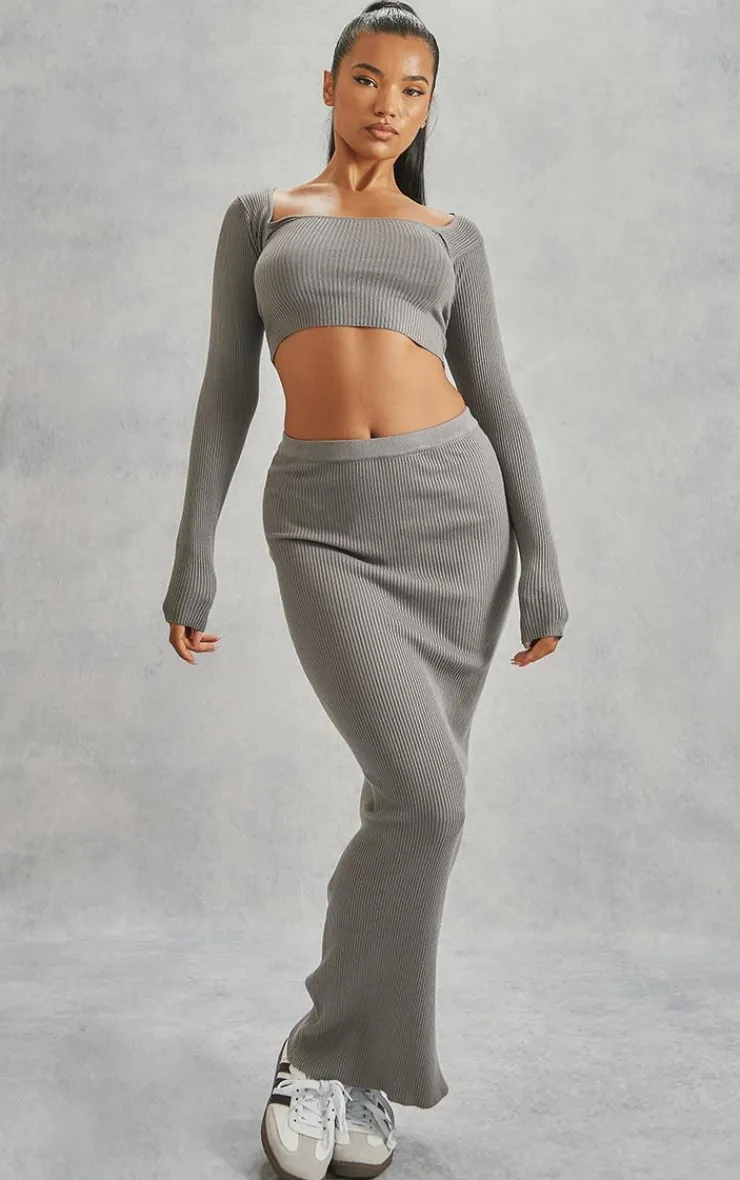 Clearance PrettyLittleThing Scoop Neck Long Sleeve Knit Top Grey