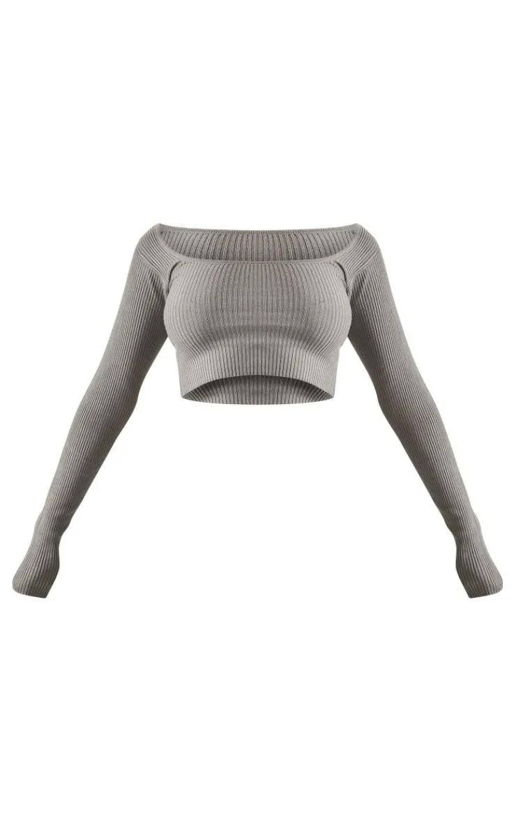 Clearance PrettyLittleThing Scoop Neck Long Sleeve Knit Top Grey