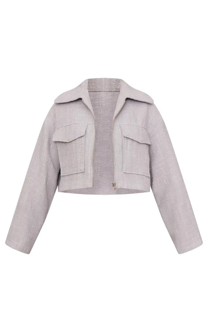 Grey Textured Pocket Zip Up Jacket
