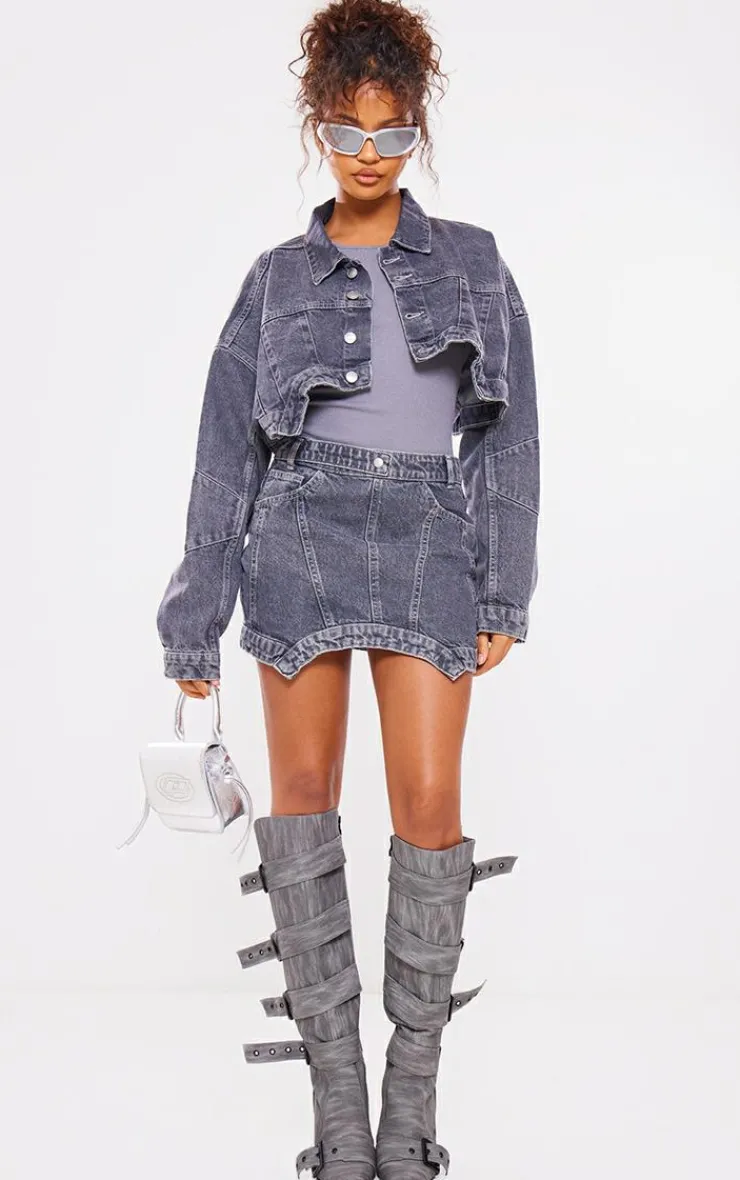 Online PrettyLittleThing Washed Curved Hem Denim Jacket Grey