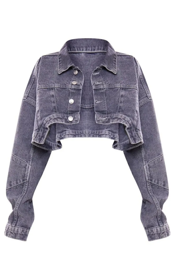 Online PrettyLittleThing Washed Curved Hem Denim Jacket Grey