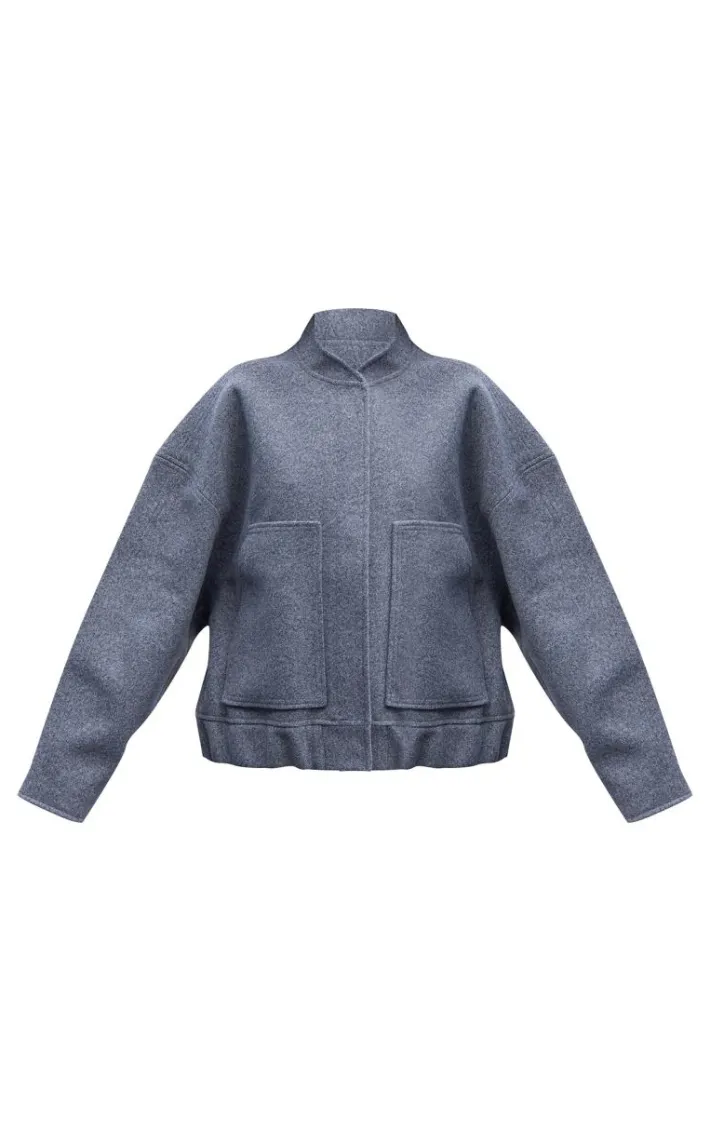 Grey Wool Look Longline Bomber Jacket