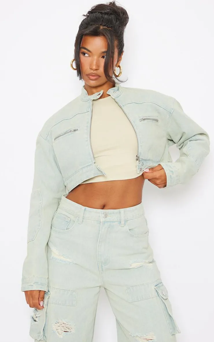 Sale PrettyLittleThing Vintage Wash Biker Detail Cropped Denim Jacket Ice Blue