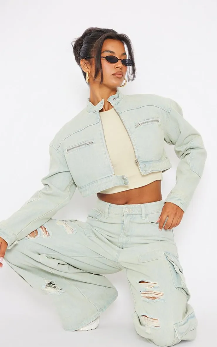 Sale PrettyLittleThing Vintage Wash Biker Detail Cropped Denim Jacket Ice Blue