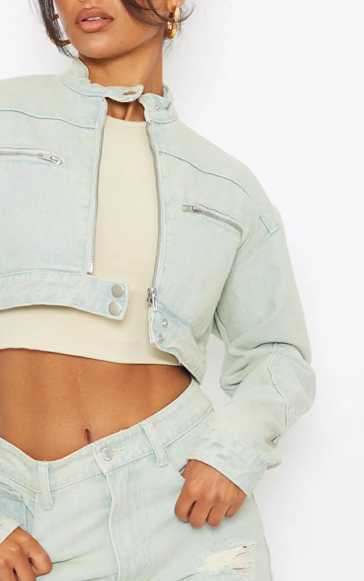Sale PrettyLittleThing Vintage Wash Biker Detail Cropped Denim Jacket Ice Blue