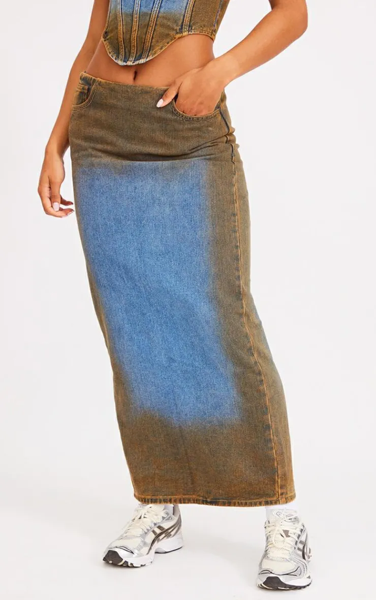 PrettyLittleThing Overdyed Denim Midi Skirt Indigo Blue Wash