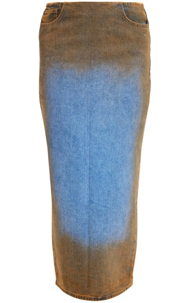 PrettyLittleThing Overdyed Denim Midi Skirt Indigo Blue Wash