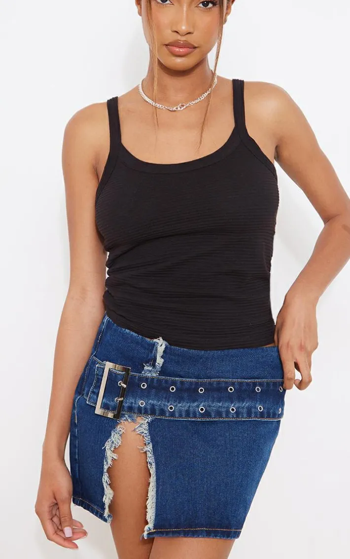 Indigo Vintage Wash Belt Detail Frayed Edge Mini Skirt