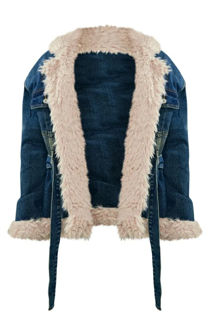 Indigo Vintage Wash Borg Contrast Tie Waist Denim Jacket