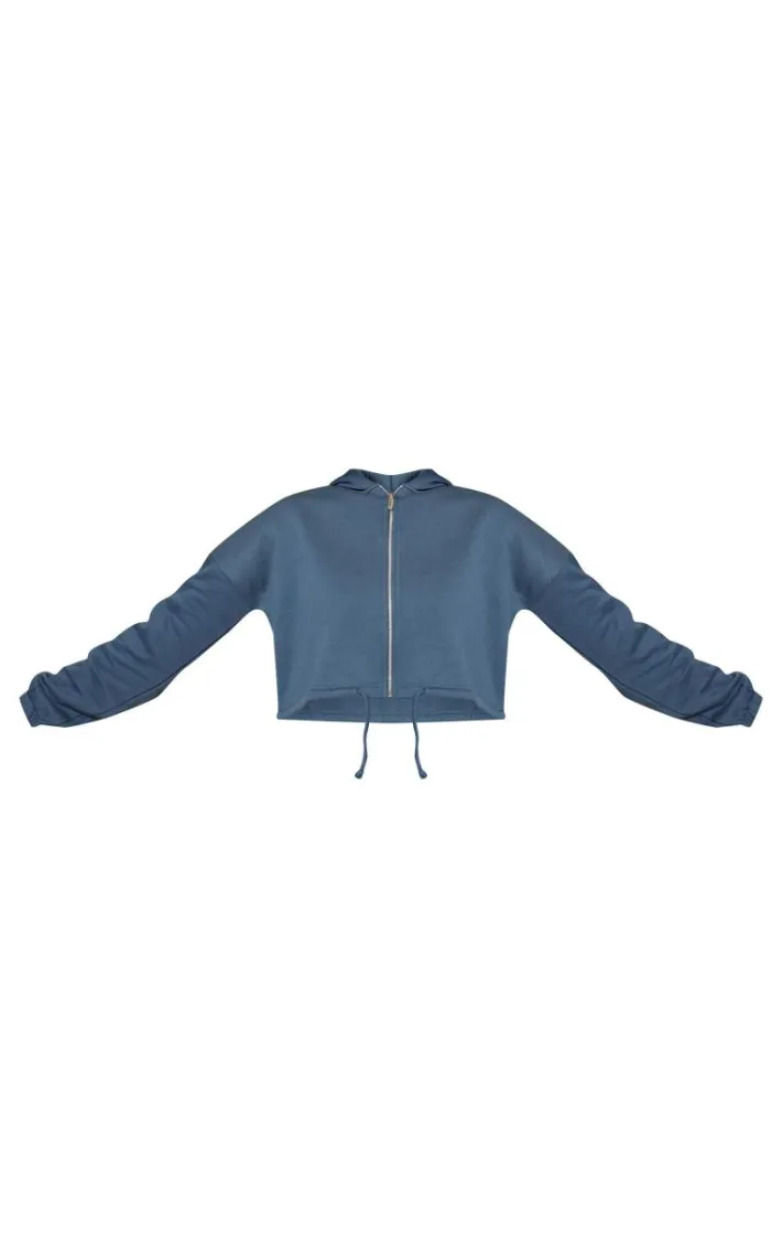 Ink Blue Toggle Waist Zip Up Cropped Hoodie