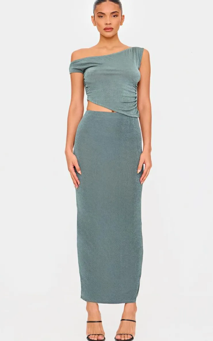 Outlet PrettyLittleThing Acetate Slinky Maxi Low Rise Skirt Khaki