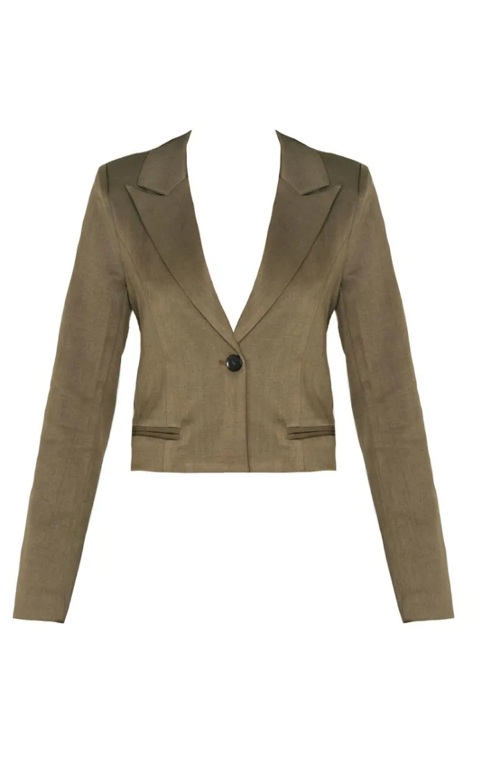 Khaki Cropped Patch Pocket Detail Boxy Blazer